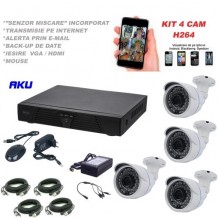 Kit supraveghere video AKU 4 camere 1200TVL 1280x960 pixeli + DVR 4 canale FULL HD 1080N H264, interior exterior carcase metalice, iesire internet cu vizualizare pe telefon mobil tableta desktop